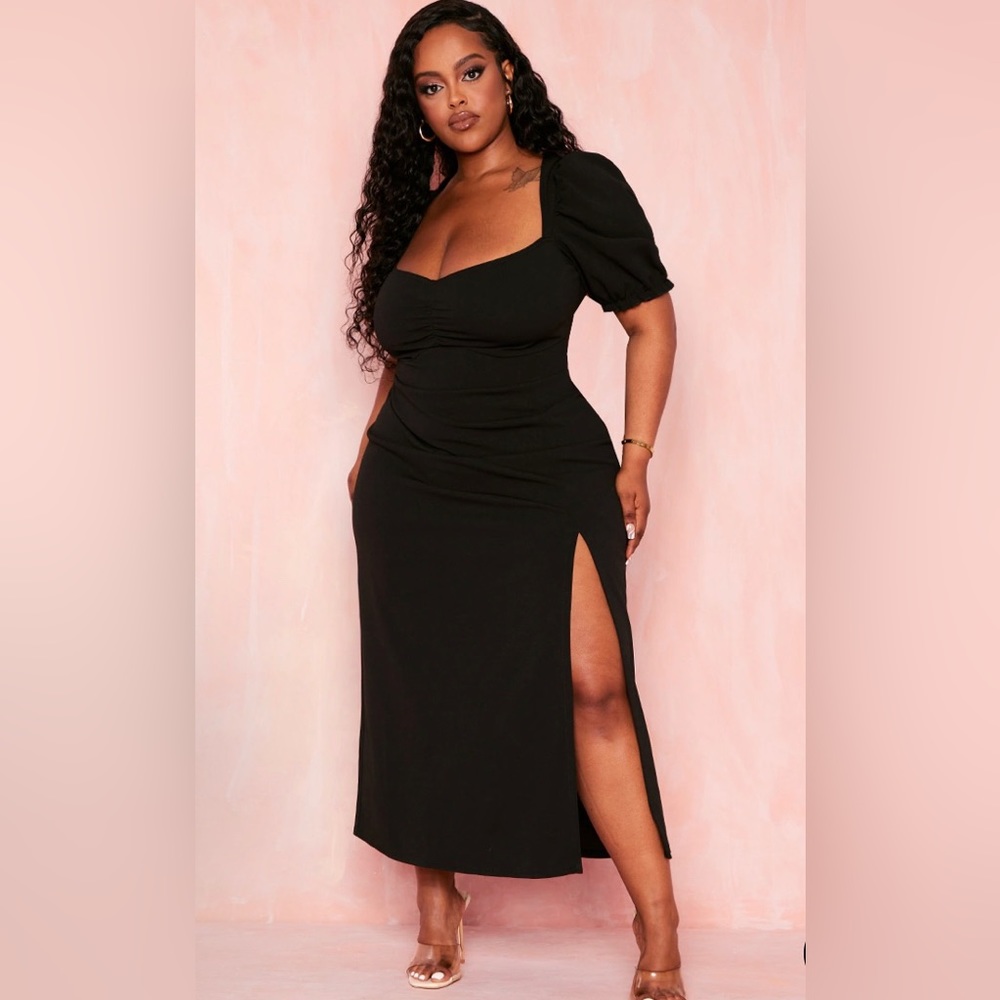 Black puff sleeve with a slit midi dress
